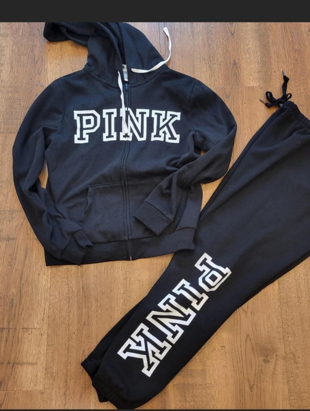 PINK Victoria's Secret Black Zip Hoodie & Logo Joggers Set